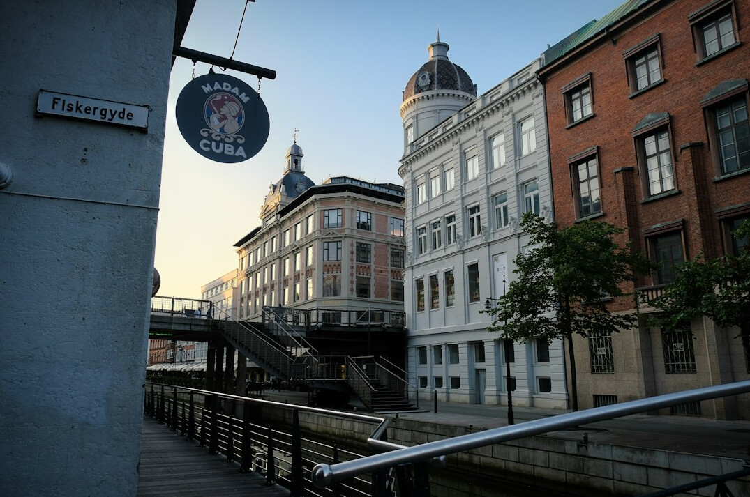 Modern harbor front in Aarhus with waterfront buildings